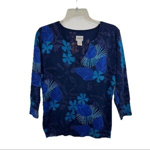 Chico’s 0 Blue Watercolors Top Womens Medium 3/4 Sleeve V Neck Knit Blouse